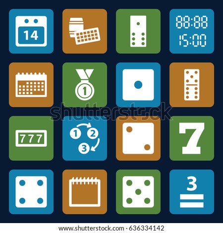Number icons set. set of 16 number filled icons such as 7 number, dice, domino, 3 allowed, 14 date calendar, medal, 1 2 3, digital time, calendar