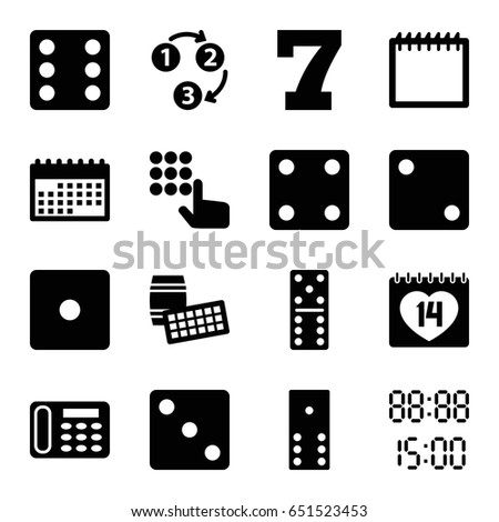 Number icons set. set of 16 number filled icons such as dice, domino, 7 number, desk phone, 14 date, 1 2 3, digital time, calendar, lotto