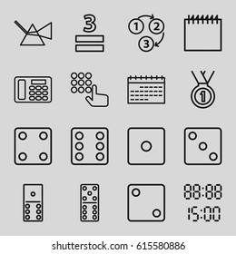 Number icons set. set of 16 number outline icons such as Dice, domino, 3 allowed, desk phone, 1 2 3, digital time, medal, intersection, hand on atm