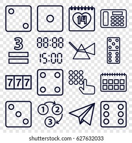 Number icons set. set of 16 number outline icons such as 7 number, Dice, domino, 3 allowed, 14 date, desk phone, 1 2 3, paper plane, digital time, intersection, hand on atm