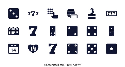 Number icons. set of 18 editable filled number icons: 7 number, dice, domino, hand on atm, 14 date calendar, calendar, lotto, 3 allowed