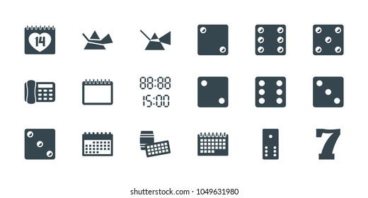 Number icons. set of 18 editable filled number icons: dice, intersection, lotto, 14 date, calendar, digital time, 7 number, desk phone