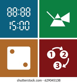 Number icons set. set of 4 number filled icons such as Dice, 1 2 3, digital time