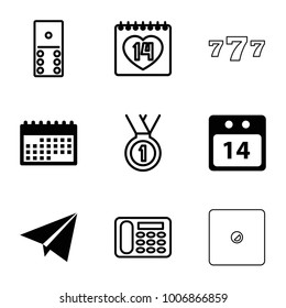 Number icons. set of 9 editable filled and outline number icons such as calendar, 14 date calendar, paper plane, desk phone, domino, 14 date, medal, 7 number