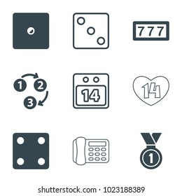 Number icons. set of 9 editable filled and outline number icons such as 7 number, dice, medal, 1 2 3, 14 date calendar, desk phone