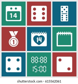 Number icons set. set of 9 number filled icons such as Dice, domino, 14 date, 14 date calendar, medal, digital time
