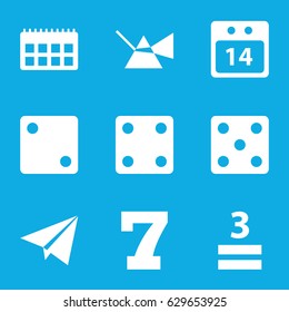 Number icons set. set of 9 number filled icons such as dice, 7 number, 3 allowed, 14 date calendar, paper plane, intersection