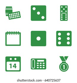 Number icons set. set of 9 number filled icons such as dice, domino, desk phone, 14 date calendar, medal, calendar