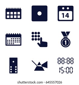 Number icons set. set of 9 number filled icons such as dice, 14 date calendar, medal, digital time, calendar, domino, intersection