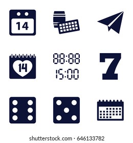 Number icons set. set of 9 number filled icons such as dice, 7 number, 14 date, 14 date calendar, paper plane, digital time, calendar