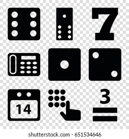 Number icons set. set of 9 number filled icons such as dice, 7 number, desk phone, 3 allowed, 14 date calendar, domino