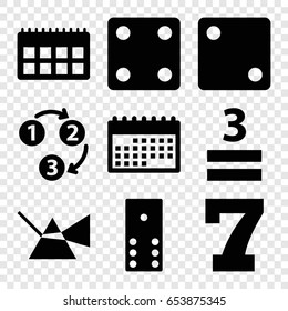 Number icons set. set of 9 number filled icons such as dice, 7 number, 3 allowed, 1 2 3, calendar, domino