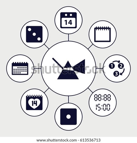 Number icons set. set of 9 number filled icons such as Dice, 14 date, 14 date calendar, 1 2 3, digital time, calendar