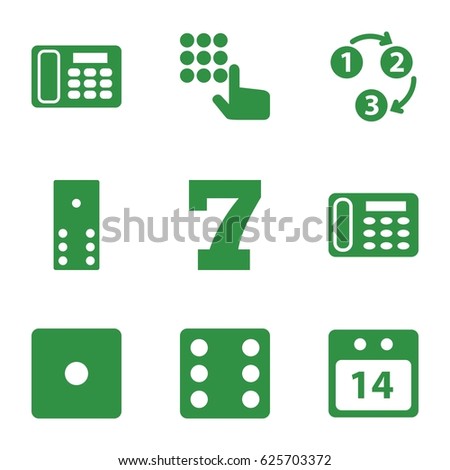 Number icons set. set of 9 number filled icons such as Dice, 7 number, desk phone, 14 date calendar, 1 2 3, domino