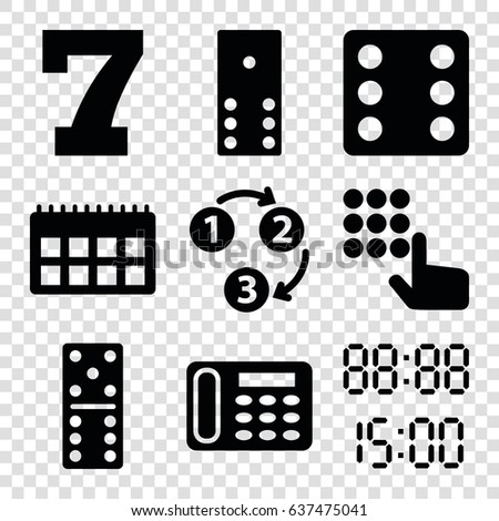 Number icons set. set of 9 number filled icons such as dice, domino, 7 number, desk phone, 1 2 3, digital time, hand on atm