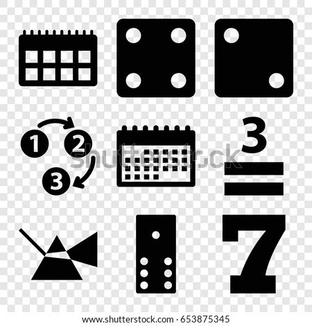 Number icons set. set of 9 number filled icons such as dice, 7 number, 3 allowed, 1 2 3, calendar, domino