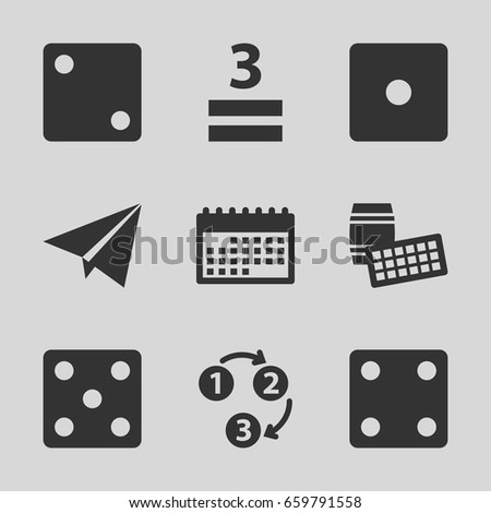 Number icons set. set of 9 number filled icons such as dice, 3 allowed, 1 2 3, paper plane, calendar