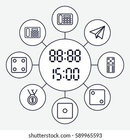 number icons set. Set of 9 number outline icons such as Dice, domino, desk phone, paper plane, digital time