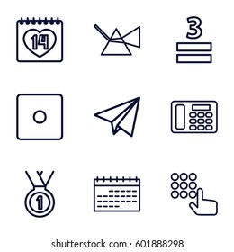number icons set. Set of 9 number outline icons such as Dice, 3 allowed, 14 date, desk phone, paper plane, medal, intersection, hand on atm