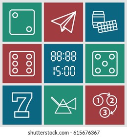 Number icons set. set of 9 number outline icons such as Dice, 7 number, 1 2 3, paper plane, digital time, intersection