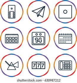 Number icons set. set of 9 number outline icons such as 7 number, dice, desk phone, 14 date calendar, paper plane, intersection, calendar
