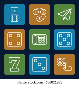 Number icons set. set of 9 number outline icons such as dice, 7 number, desk phone, 1 2 3, paper plane, hand on atm