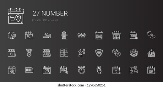 number icons set. Collection of number with calendar, clock, bars code, dices, medal, timer, domino, kindergarten, dice, phone booth. Editable and scalable number icons.