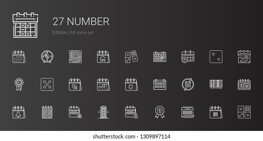number icons set. Collection of number with calendar, medal, phone booth, dice, domino, barcode, qr code, clock. Editable and scalable number icons.
