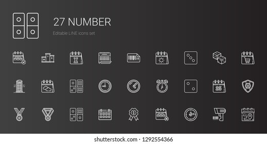 number icons set. Collection of number with clock, calendar, medal, domino, dice, phone booth, bars code, scanning, dices, podium. Editable and scalable number icons.