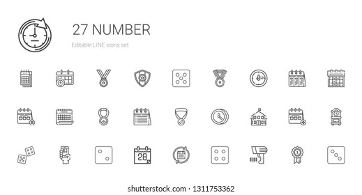 number icons set. Collection of number with scanning, dice, calendar, qr code, kindergarten, clock, medal. Editable and scalable number icons.