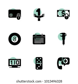 Number icons. vector collection filled number icons set.. includes symbols such as caliper, billiards, domino, calendar, money security. use for web, mobile and ui design.