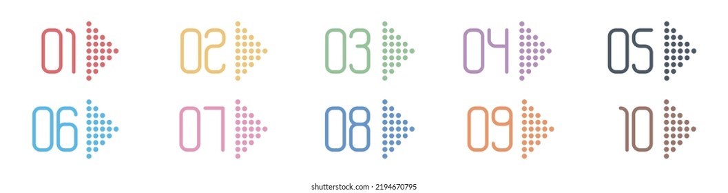 Nummern-Info-Grafik-Bullet-Punkte 1 bis 10 Vektorgrafik, Pfeilformnummern, Infografiknummern der Pfeil-Infografik
