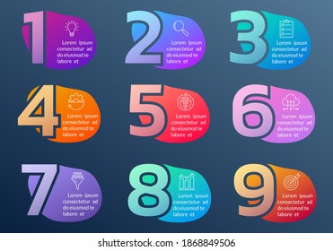 Number infographic design with abstract shapes, fluid geometric elements. Timeline, steps or option info graphic with business icons. Flow chart, layout, workflow template. Vector illustration.