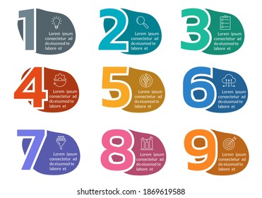 Number infographic design with abstract shapes, fluid geometric elements. Timeline, steps or option info graphic with business icons. Flow chart, layout, workflow template. Vector illustration.