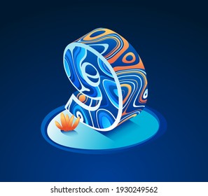 number isometric, futuristic blue orange gradient vector on dark blue background, liquid abstract pattern, digital design for web e-commerce sales promotion.