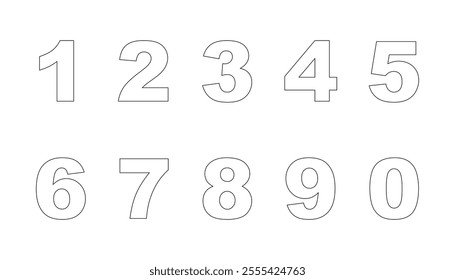 Number for kids education. simple line type. math symbols. alphabet outline design for coloring. Numbers 0 9 set