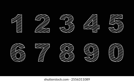 Number for kids education. simple white line type. math symbols. alphabet outline design for coloring. Numbers 0 9 set