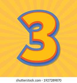 Number letter 3 with yellow sun rays background, vector alphabet