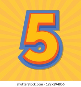 Number Letter 5 With Yellow Sun Rays Background, Vector Alphabet