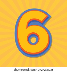 Number letter 6 with yellow sun rays background, vector alphabet