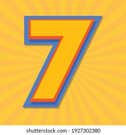Number letter 7 with yellow sun rays background, vector alphabet
