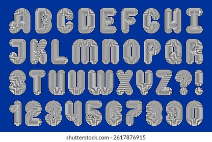 Number and letter disco alphabet. Bold parallel lines and arches geometric font. Modern typeface for clear sport design. Minimalist abstract concentric circles letter. Clean graphic pattern aesthetics