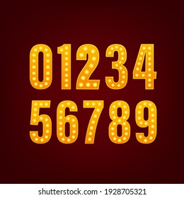 Number light on dark background. Golden metal number. Blue background. Festive vector illustration.