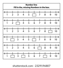 Number line 1 to 10 missing numbers.  Fill in the missing positive numbers. Math on white background. Vector graphic illustration. missing number kid worksheet.