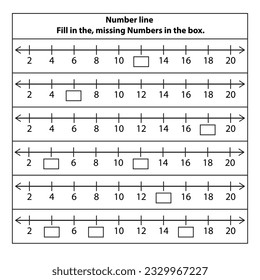 Number lines 2 to 20 fill missing numbers activity. Math chart for operations in school education. isolated on white background. Vector graphic illustration