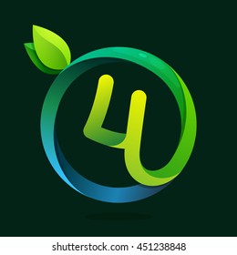 Number  logo with green leaves and water waves. Vector elements for ecology banner, presentation, web page, card, labels or posters.