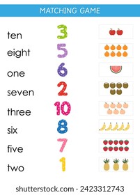 Number matching game. Count and match worksheet for preschool kids. Educational game. Math activity. Counting practice	