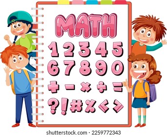Number and math equation on note paper icon with kids character illustration