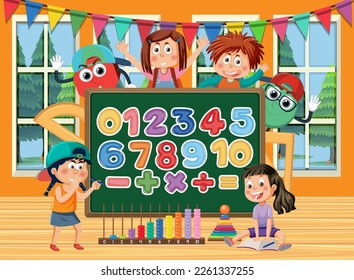 Number and math equation on whiteboard with student in classroom illustration