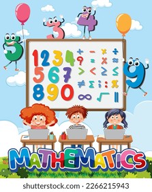 Number and math equation on whiteboard with student in classroom illustration